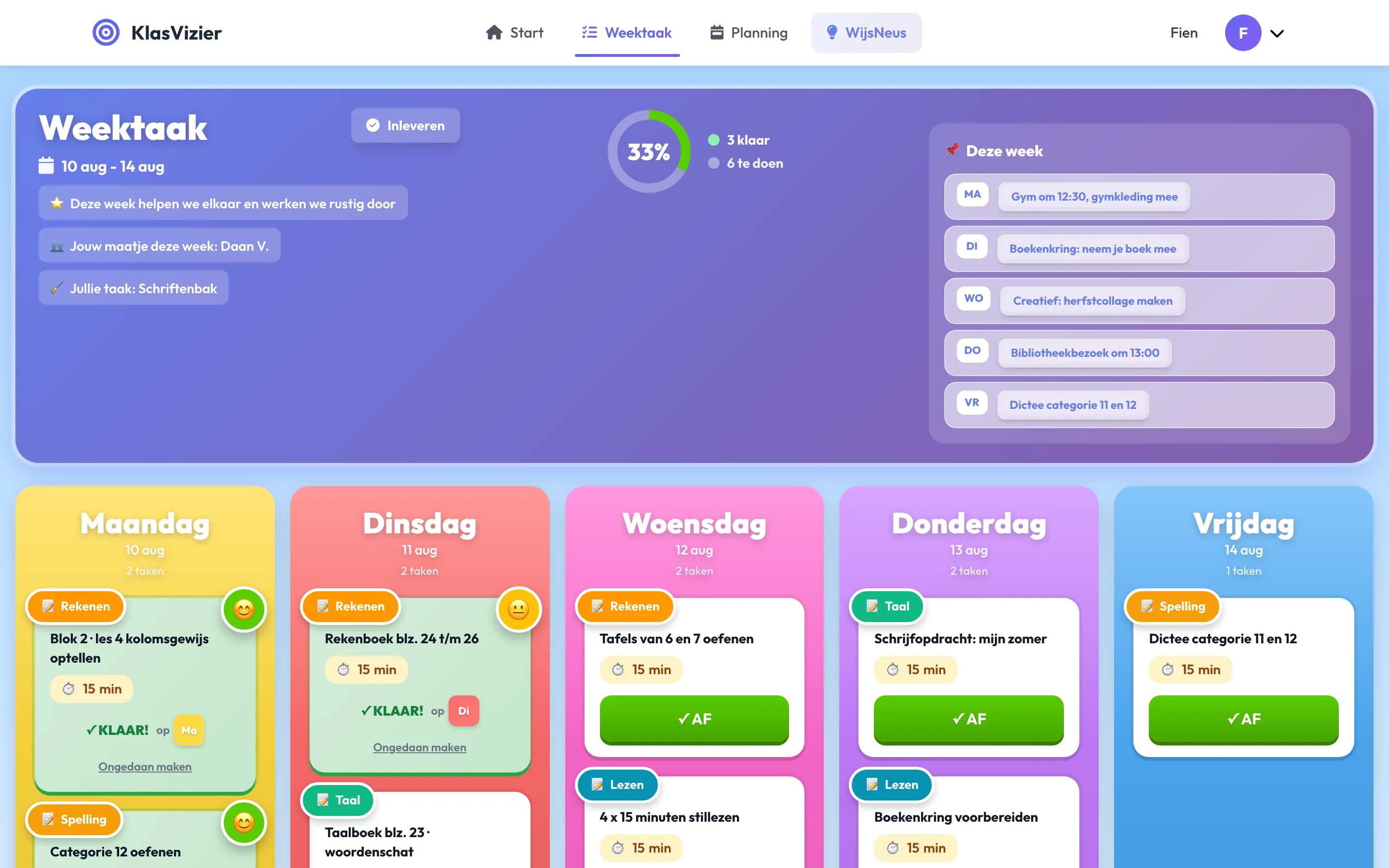 De leerlingapp met de weektaak van de week, afgevinkte taken en de knoppen naar de oefenmodules.