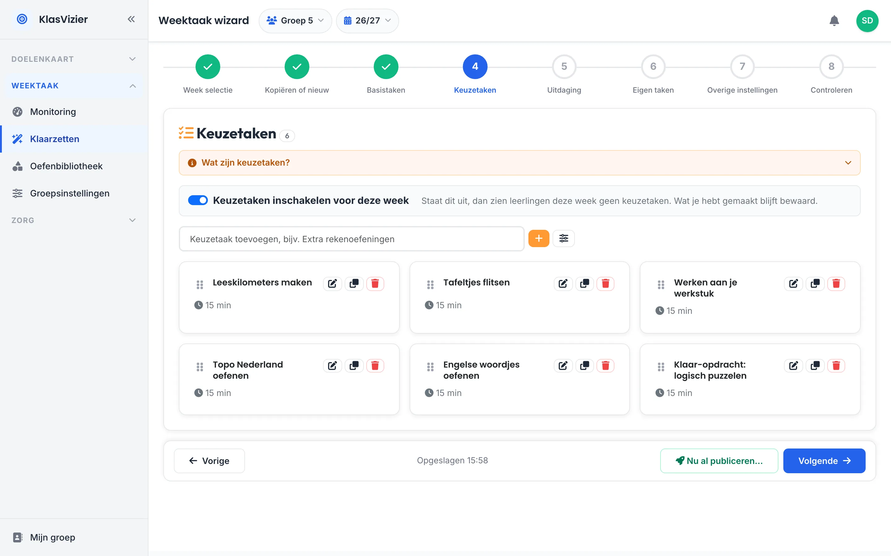 Zes keuzetaken waar leerlingen zelf uit kiezen, met de schakelaar voor keuzetaken aan.